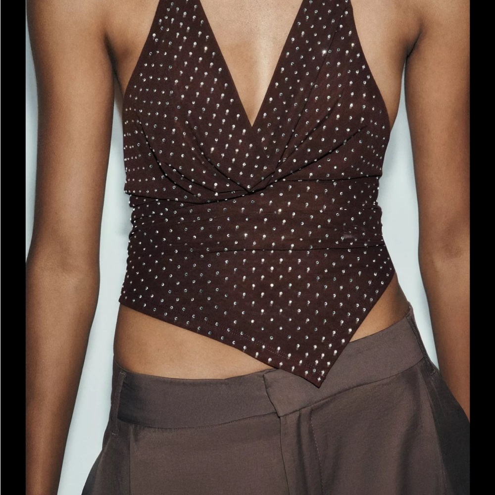 Zara Chocolate Brown Halter Crop Top with Metallic Dots
